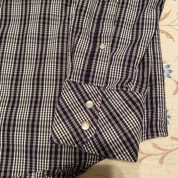 M Navy Blue Plaid Shirt by Banana Republic w/Pearl Snaps - Picture 5 of 10